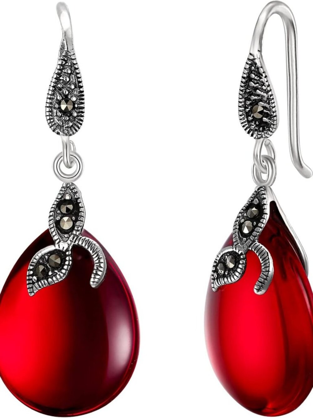 925 Sterling Silver Teardrop Hook Earrings with Black Leaf Chalcedony - Perfect